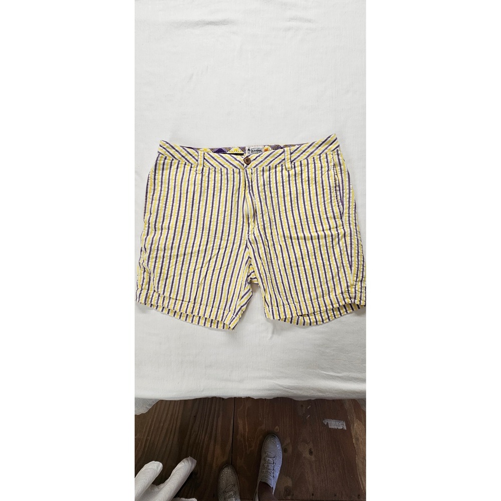 Olde School Brand Mens Yellow Purple Striped Cotton Shorts Size 36 Preppy Casual